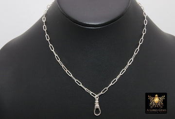 Silver Swivel Fob Chain Necklace, 925 Sterling Silver Drawn Rectangle Chain, Front Clasp Paperclip Chain Link Choker
